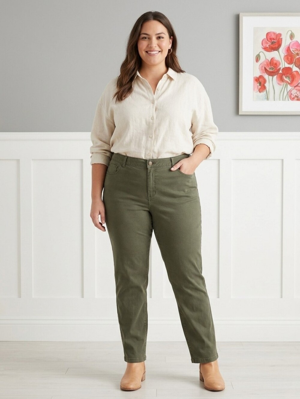 Reitmans Jeans Olive Green Plus-Size Stretch Pants, Boho Chic Jeans,Size 17